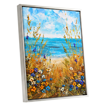 Wildflowers by the Tide, blue, gold, orange nature wall art shown as a silver framed canvas wall art