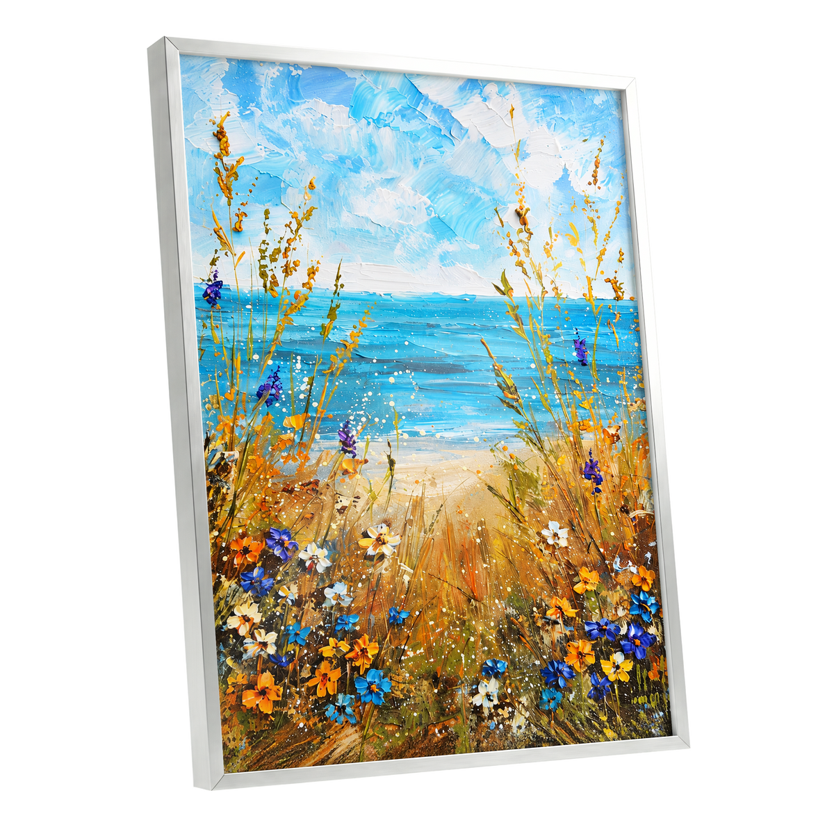 Wildflowers by the Tide, blue, gold, orange nature wall art shown as a silver framed poster wall art print