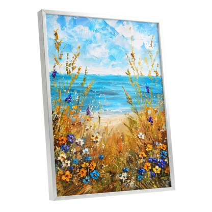 Wildflowers by the Tide, blue, gold, orange nature wall art shown as a silver framed poster wall art print