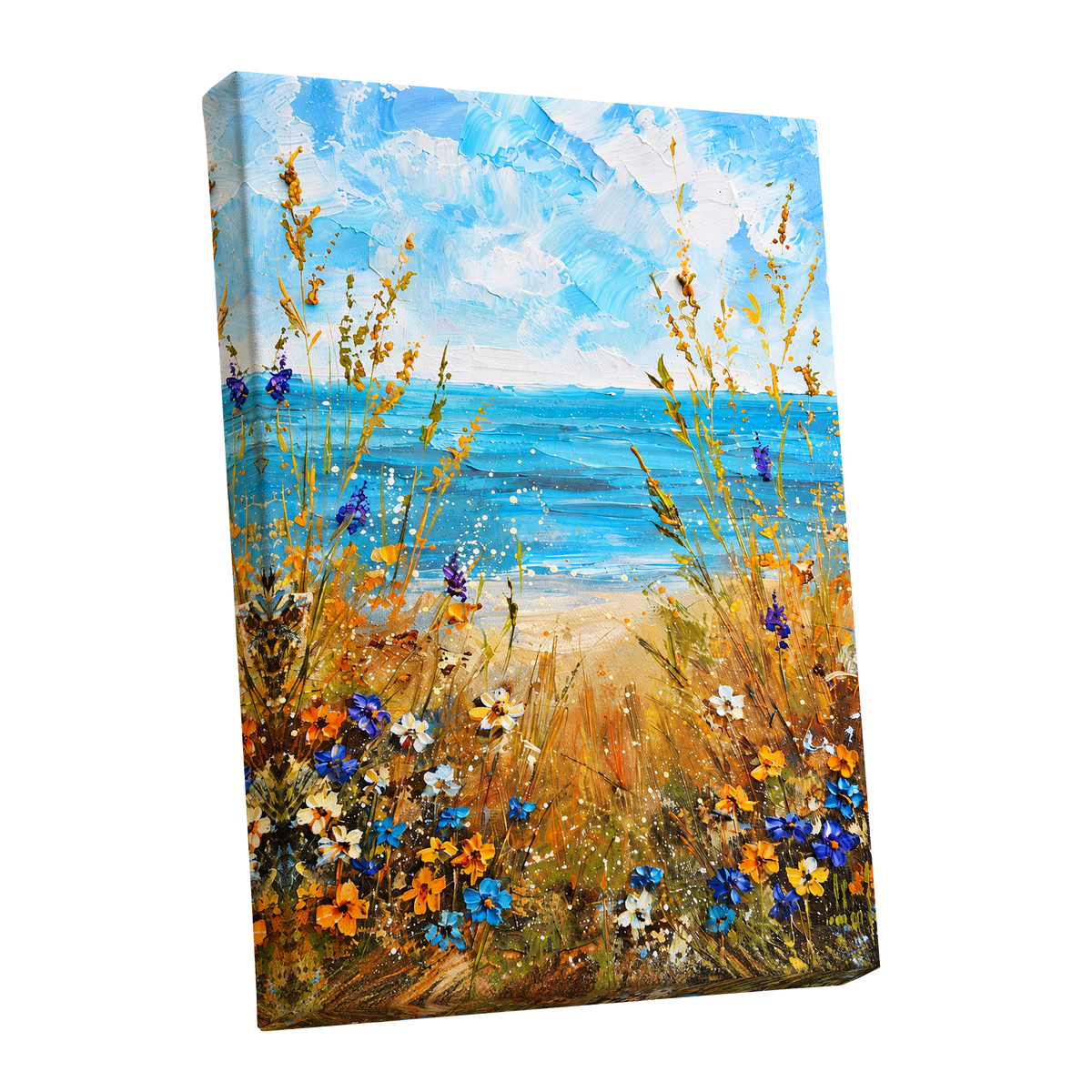 Wildflowers by the Tide, blue, gold, orange nature wall art shown as a stretched canvas wall art