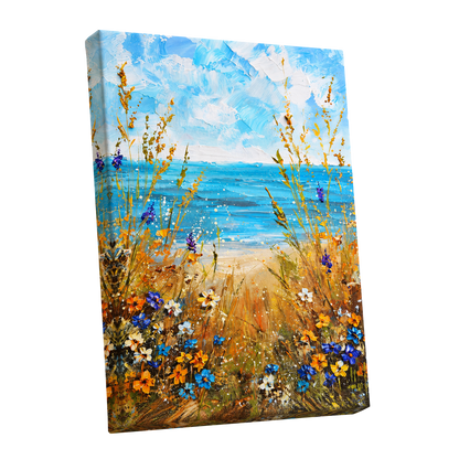 Wildflowers by the Tide, blue, gold, orange nature wall art shown as a stretched canvas wall art