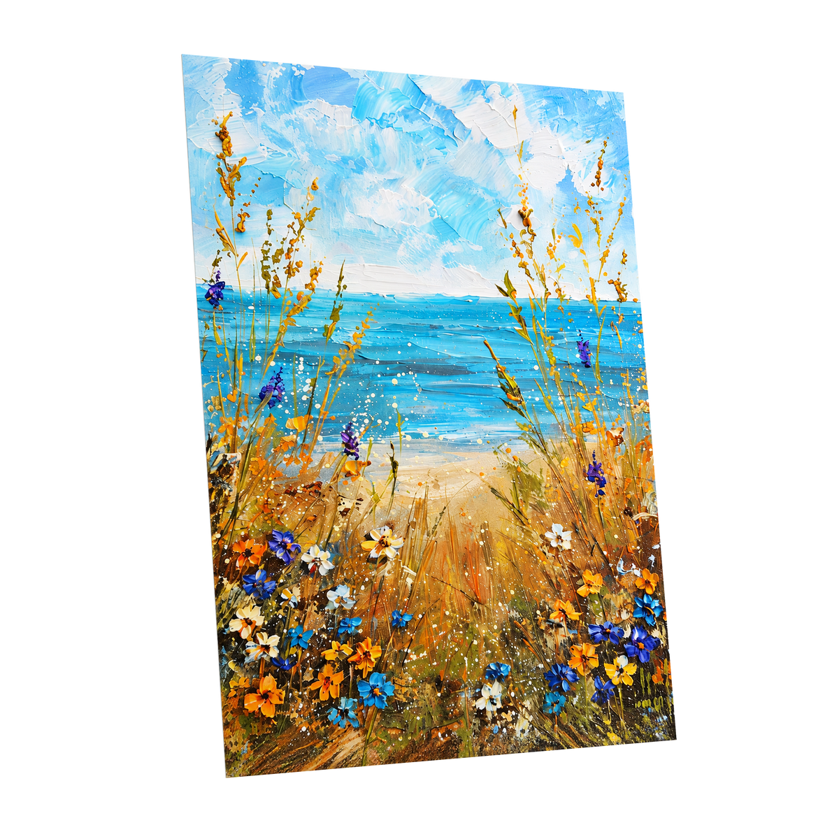 Wildflowers by the Tide, blue, gold, orange nature wall art shown as a unframed poster wall art print