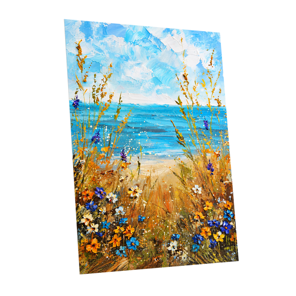 Wildflowers by the Tide, blue, gold, orange nature wall art shown as a unframed poster wall art print