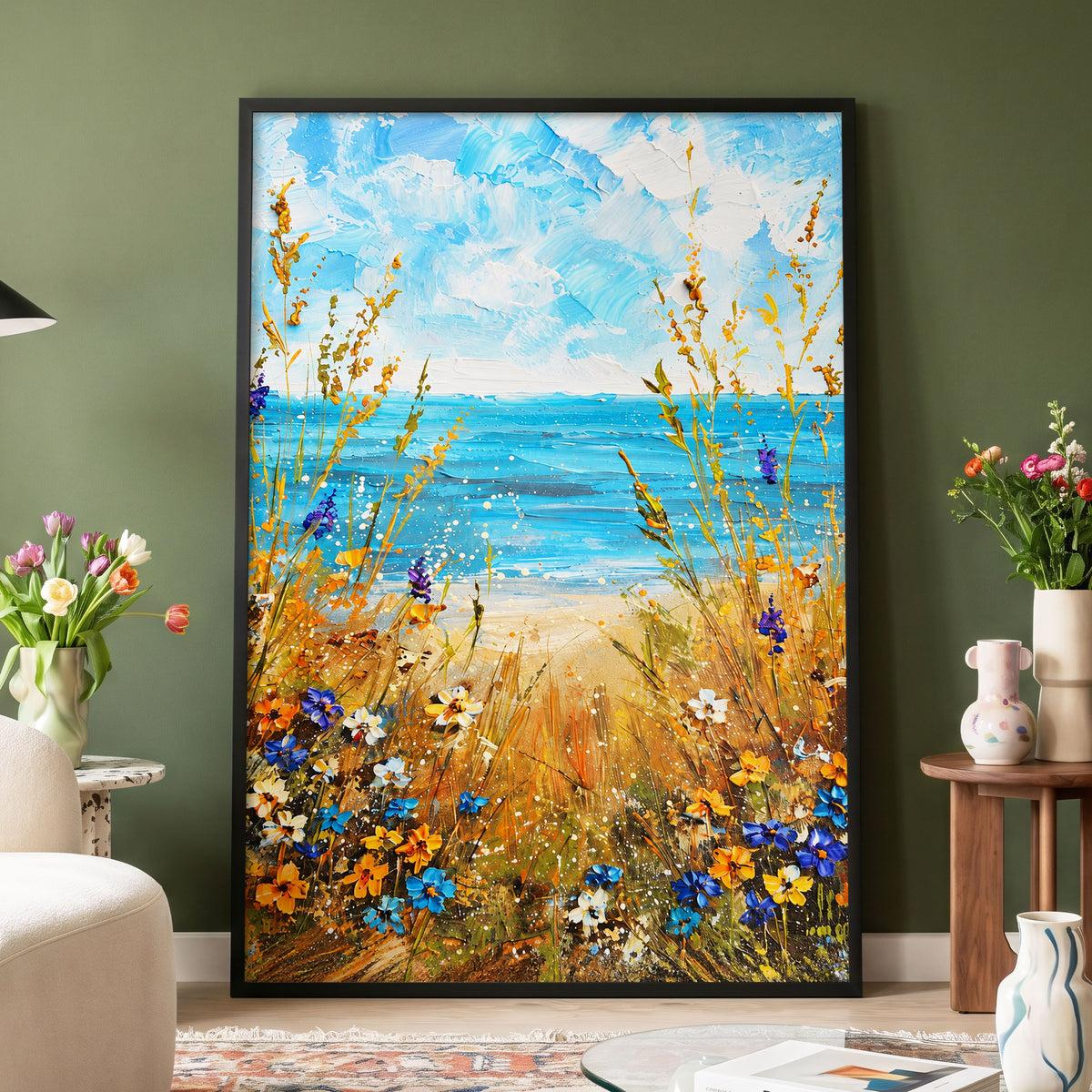 Wildflowers by the Tide, blue, gold, orange nature wall art displayed in a styled interior, gallery view 2