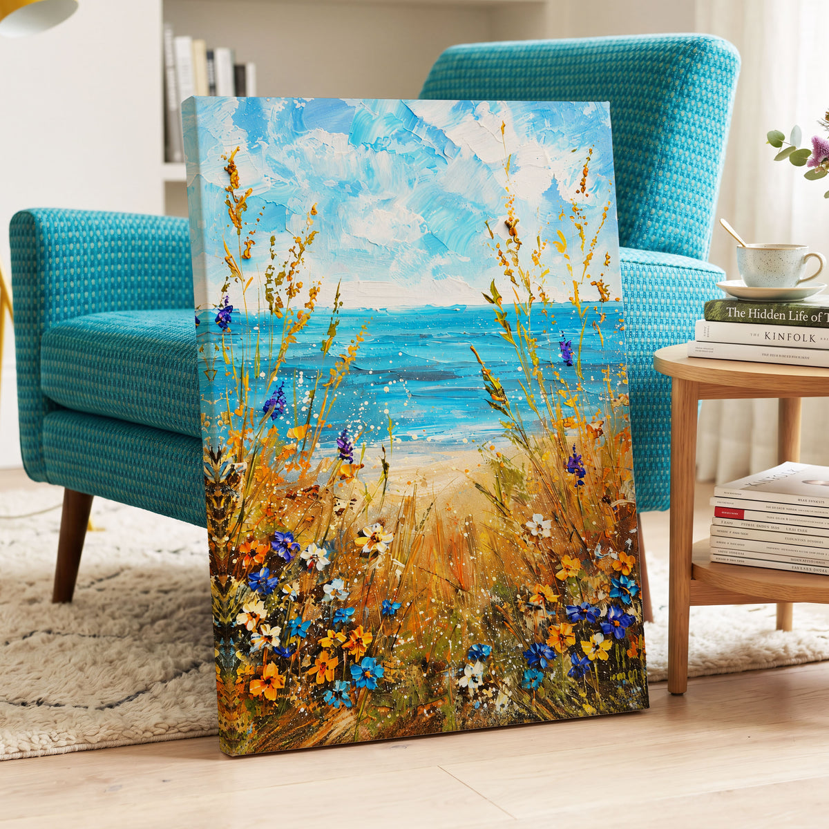 Wildflowers by the Tide, blue, gold, orange nature wall art displayed in a styled interior, gallery view 3