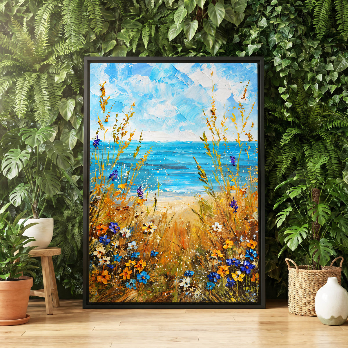 Wildflowers by the Tide, blue, gold, orange nature wall art displayed in a styled interior, gallery view 4