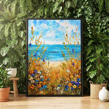 Wildflowers by the Tide, blue, gold, orange nature wall art displayed in a styled interior, gallery view 4