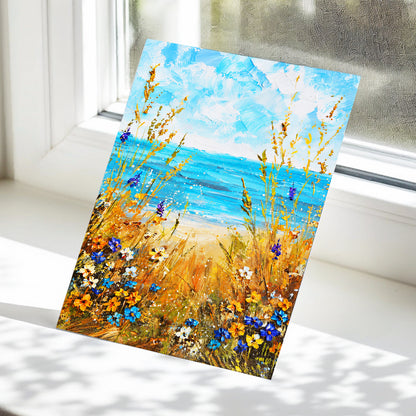 Wildflowers by the Tide, blue, gold, orange nature wall art displayed in a styled interior, gallery view 5