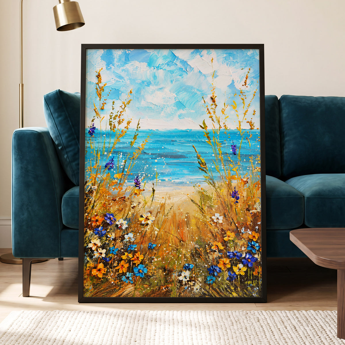 Wildflowers by the Tide, blue, gold, orange nature wall art displayed in a styled interior, gallery view 6