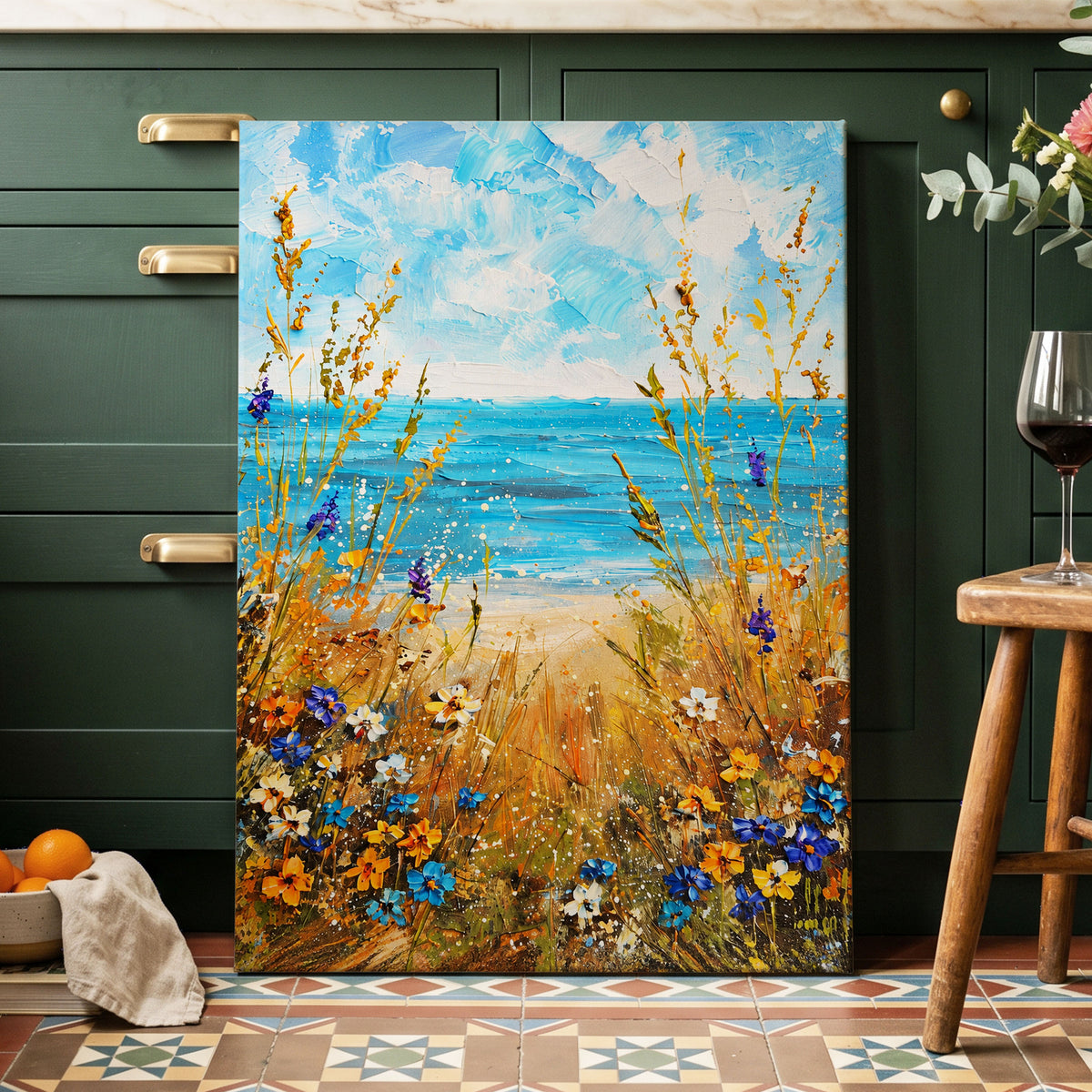 Wildflowers by the Tide, blue, gold, orange nature wall art displayed in a styled interior, gallery view 7