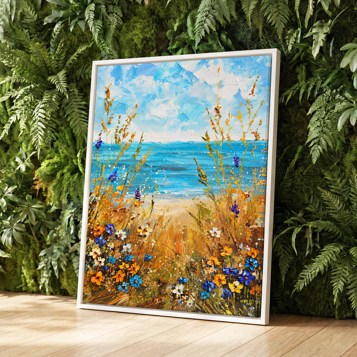 Wildflowers by the Tide, blue, gold, orange nature wall art displayed in a styled interior, gallery view 8