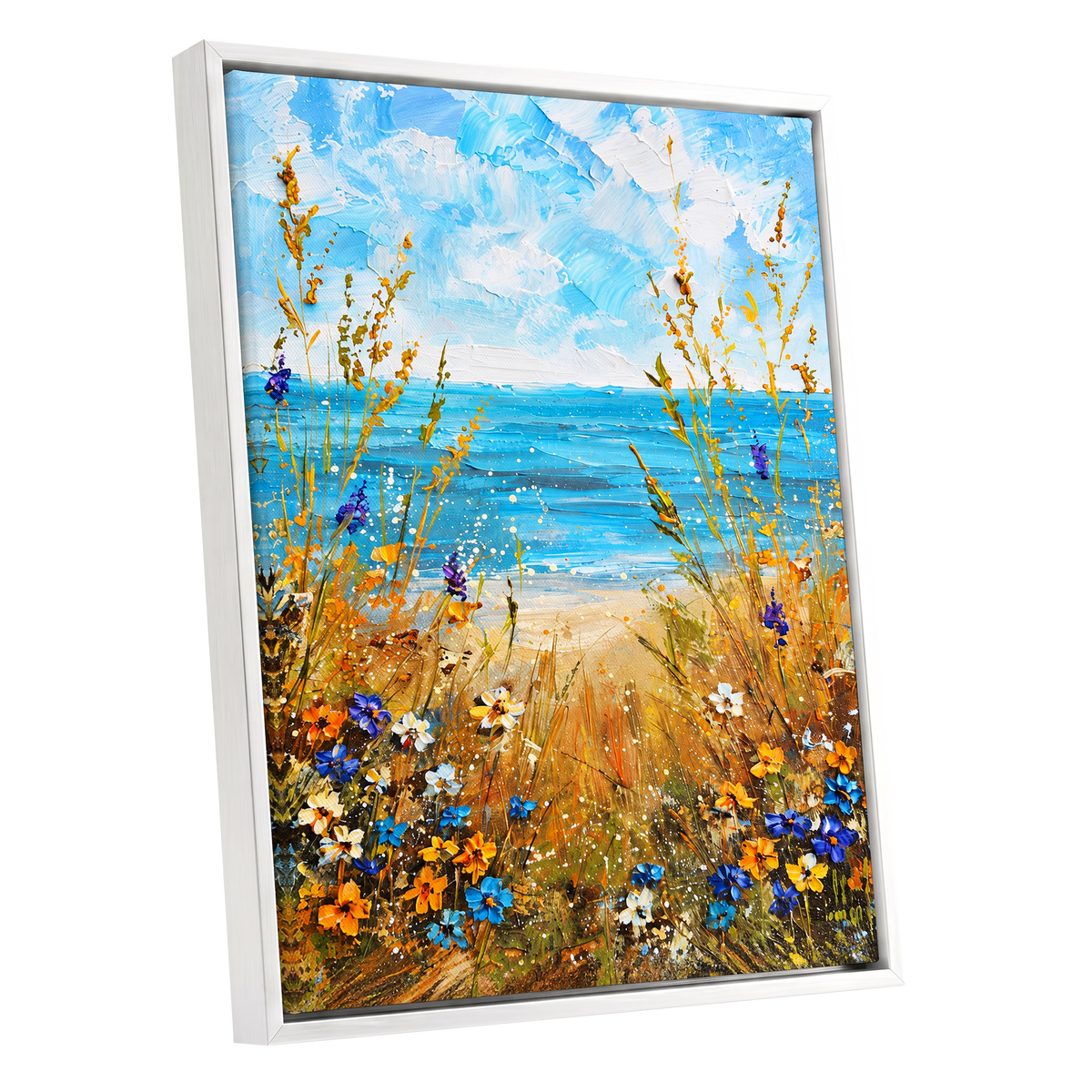 Wildflowers by the Tide, blue, gold, orange nature wall art shown as a white framed canvas wall art
