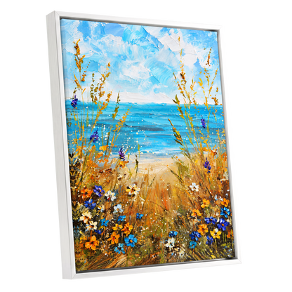 Wildflowers by the Tide, blue, gold, orange nature wall art shown as a white framed canvas wall art