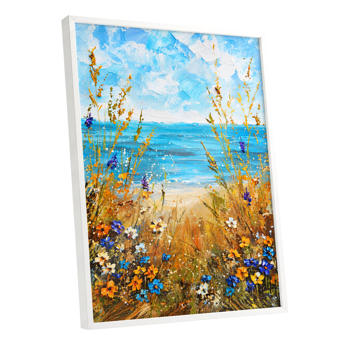 Wildflowers by the Tide, blue, gold, orange nature wall art shown as a white framed poster wall art print