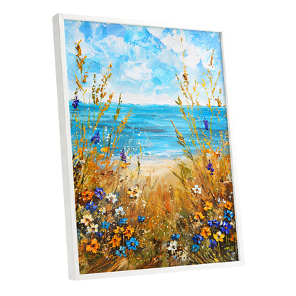 Wildflowers by the Tide, blue, gold, orange nature wall art shown as a white framed poster wall art print