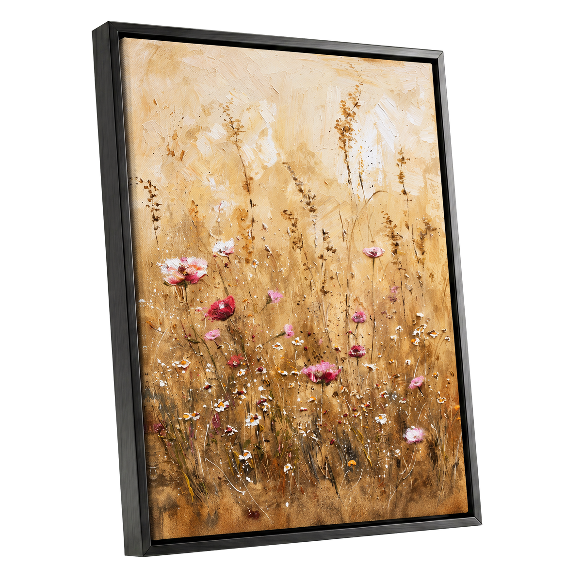 Wildflowers in Amber, beige, gold, brown floral wall art shown as a black framed canvas wall art