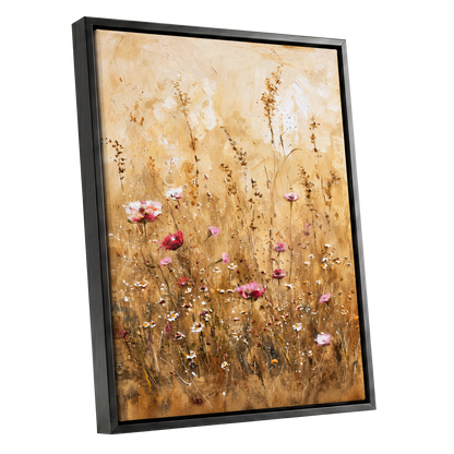 Wildflowers in Amber, beige, gold, brown floral wall art shown as a black framed canvas wall art