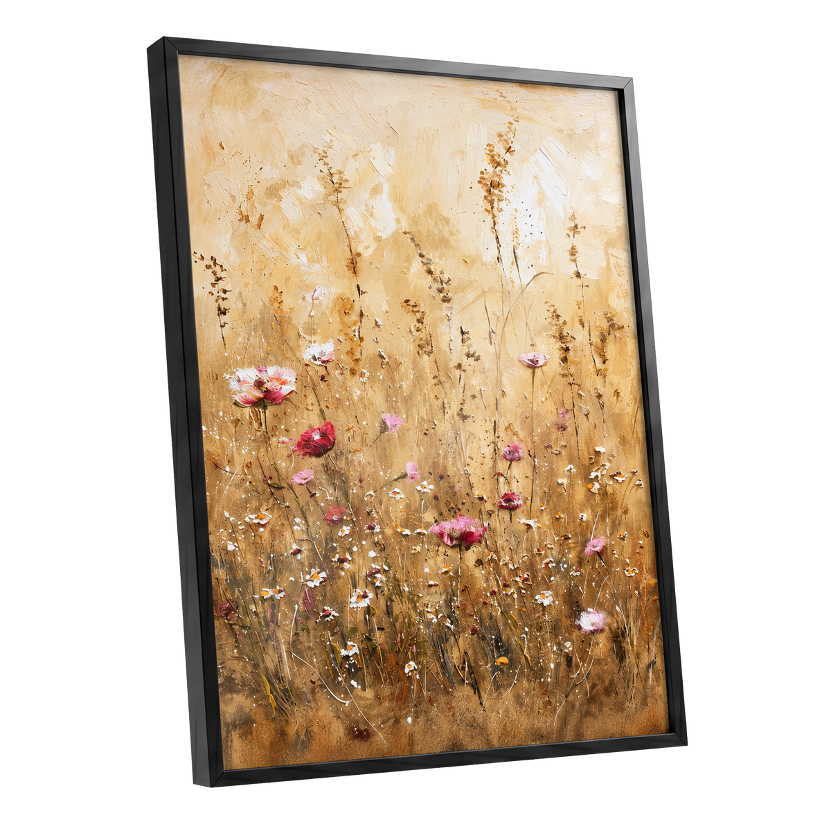 Wildflowers in Amber, beige, gold, brown floral wall art shown as a black framed poster wall art print