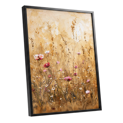 Wildflowers in Amber, beige, gold, brown floral wall art shown as a black framed poster wall art print
