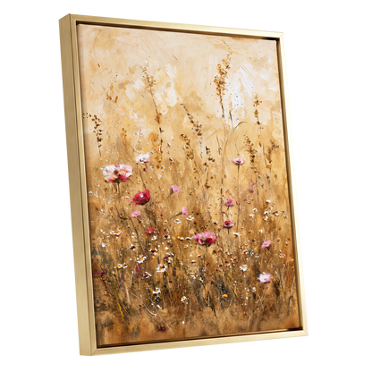 Wildflowers in Amber, beige, gold, brown floral wall art shown as a gold framed canvas wall art