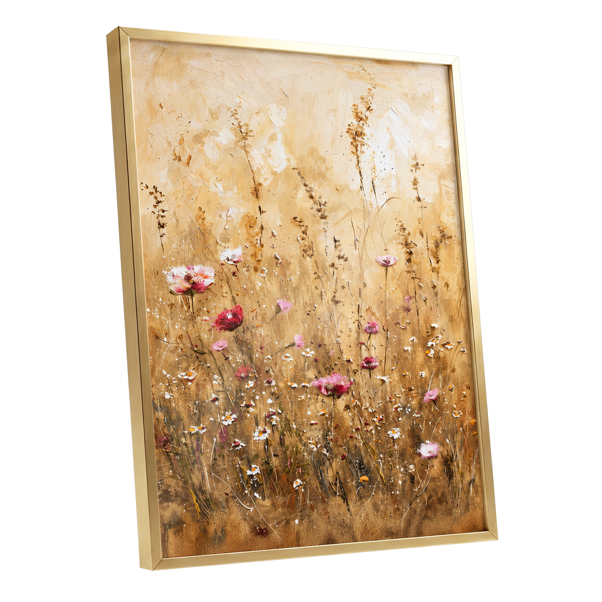 Wildflowers in Amber, beige, gold, brown floral wall art shown as a gold framed poster wall art print