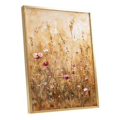 Wildflowers in Amber, beige, gold, brown floral wall art shown as a gold framed poster wall art print
