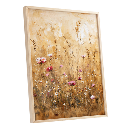 Wildflowers in Amber, beige, gold, brown floral wall art shown as a oak framed poster wall art print