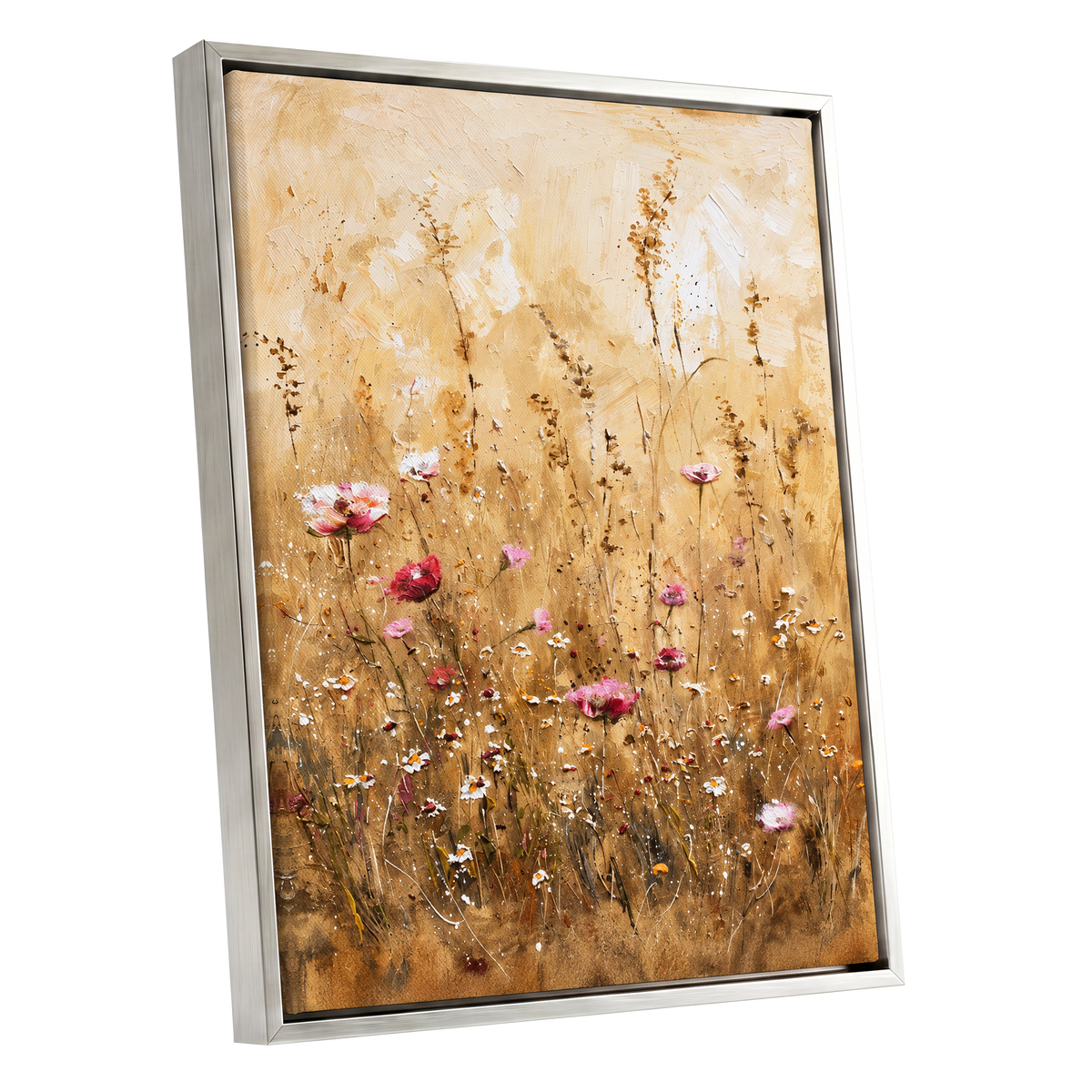 Wildflowers in Amber, beige, gold, brown floral wall art shown as a silver framed canvas wall art
