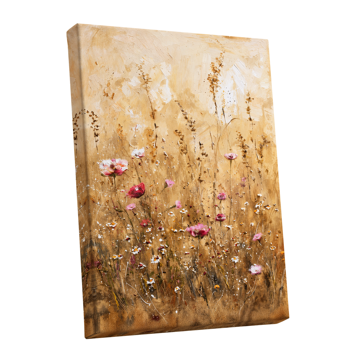 Wildflowers in Amber, beige, gold, brown floral wall art shown as a stretched canvas wall art