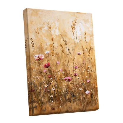 Wildflowers in Amber, beige, gold, brown floral wall art shown as a stretched canvas wall art