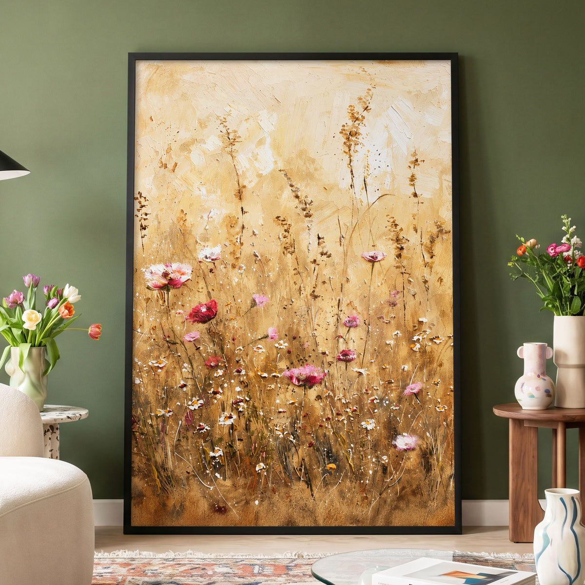 Wildflowers in Amber, beige, gold, brown floral wall art displayed in a styled interior, gallery view 2