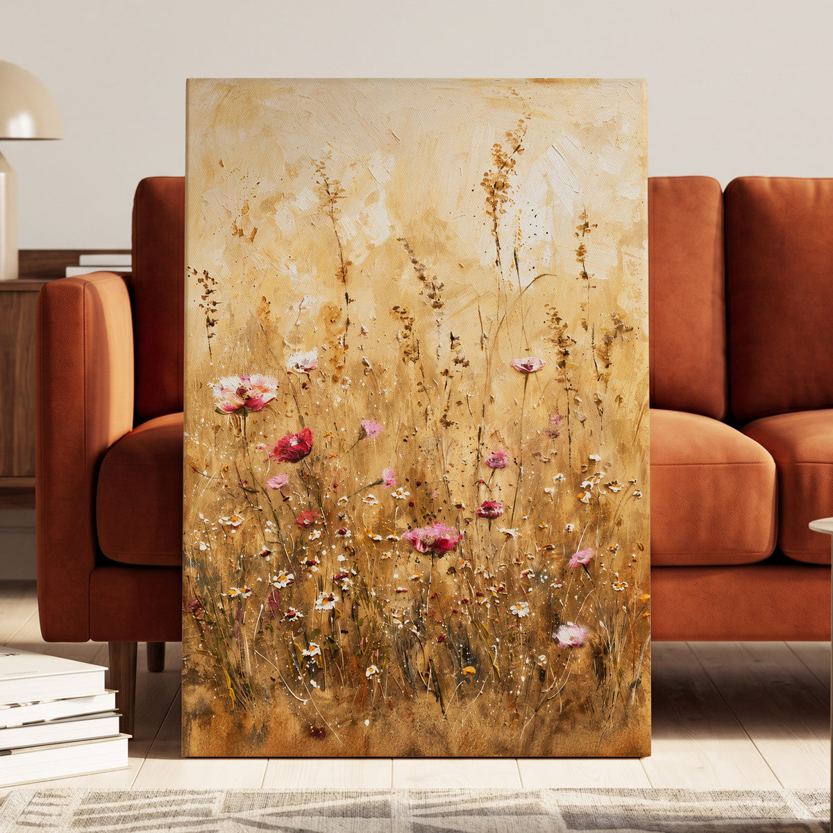 Wildflowers in Amber, beige, gold, brown floral wall art displayed in a styled interior, gallery view 3