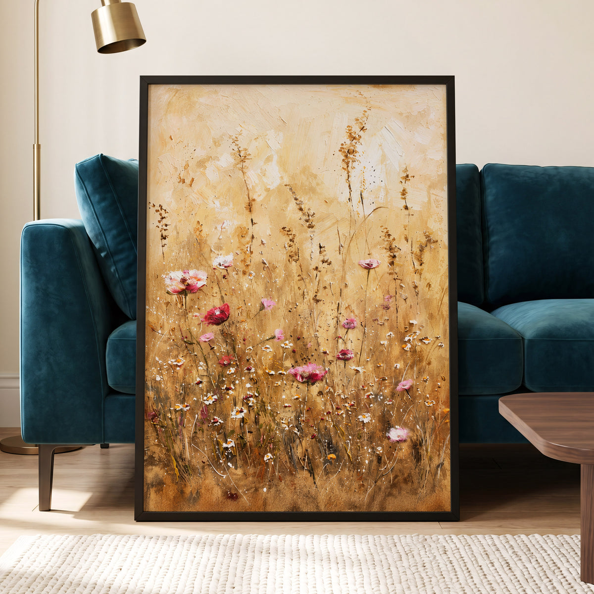 Wildflowers in Amber, beige, gold, brown floral wall art displayed in a styled interior, gallery view 6