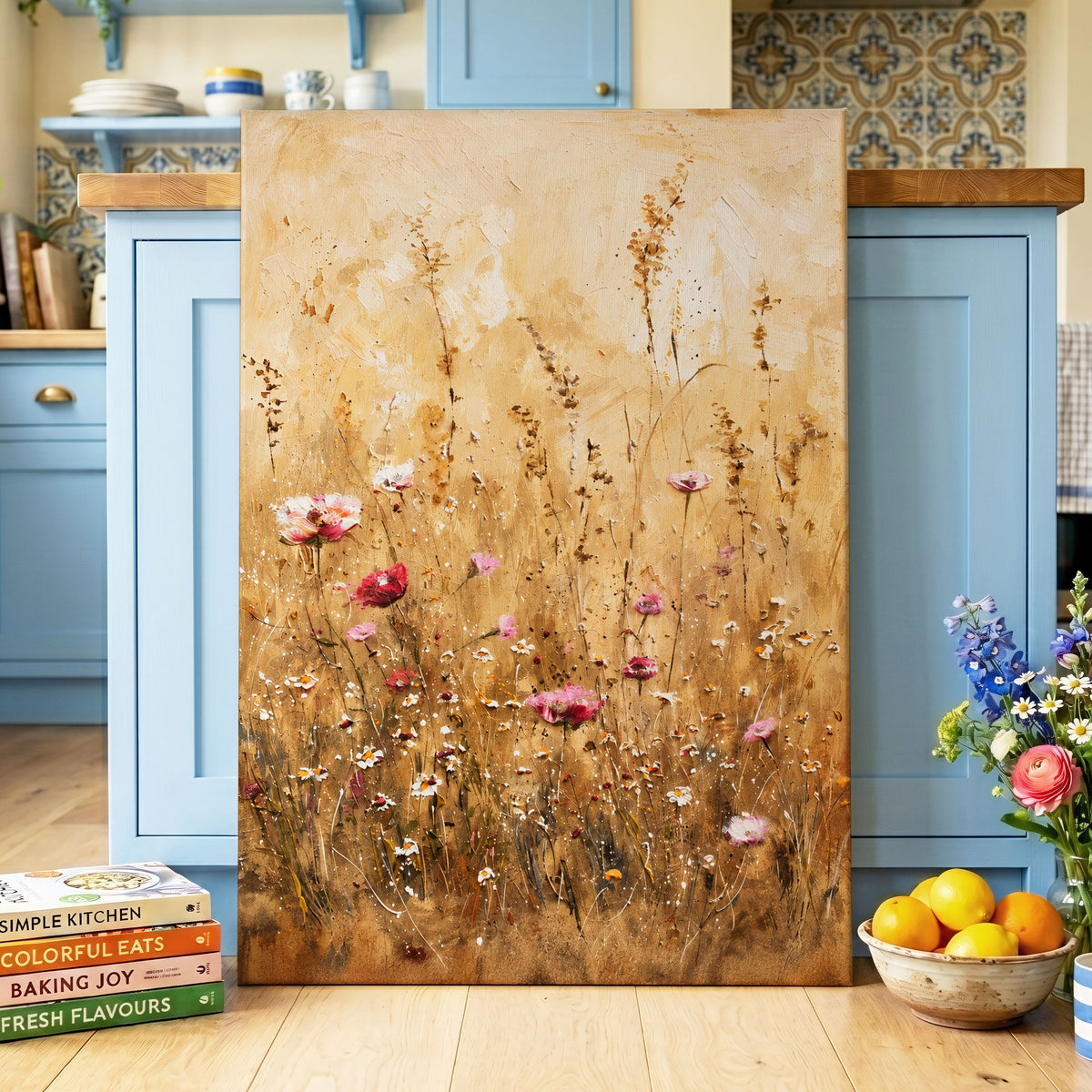 Wildflowers in Amber, beige, gold, brown floral wall art displayed in a styled interior, gallery view 7