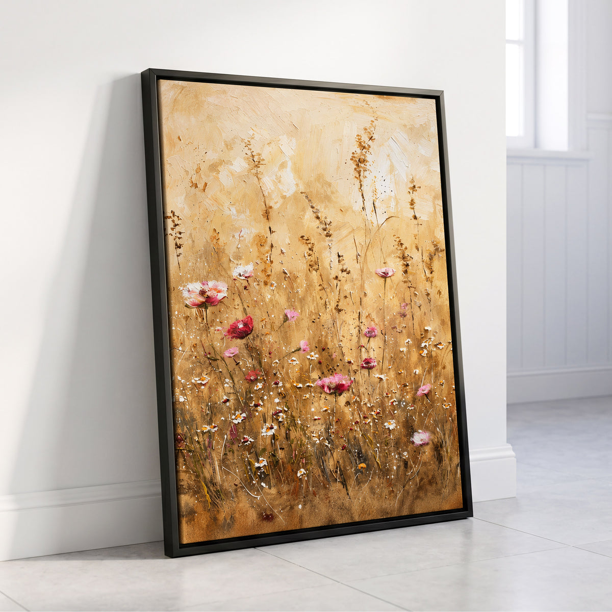 Wildflowers in Amber, beige, gold, brown floral wall art displayed in a styled interior, gallery view 8