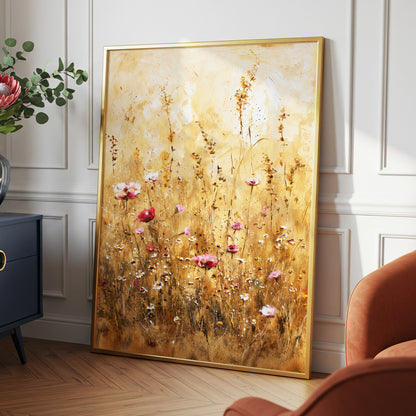 Wildflowers in Amber, beige, gold, brown floral wall art displayed in a styled interior, gallery view 9