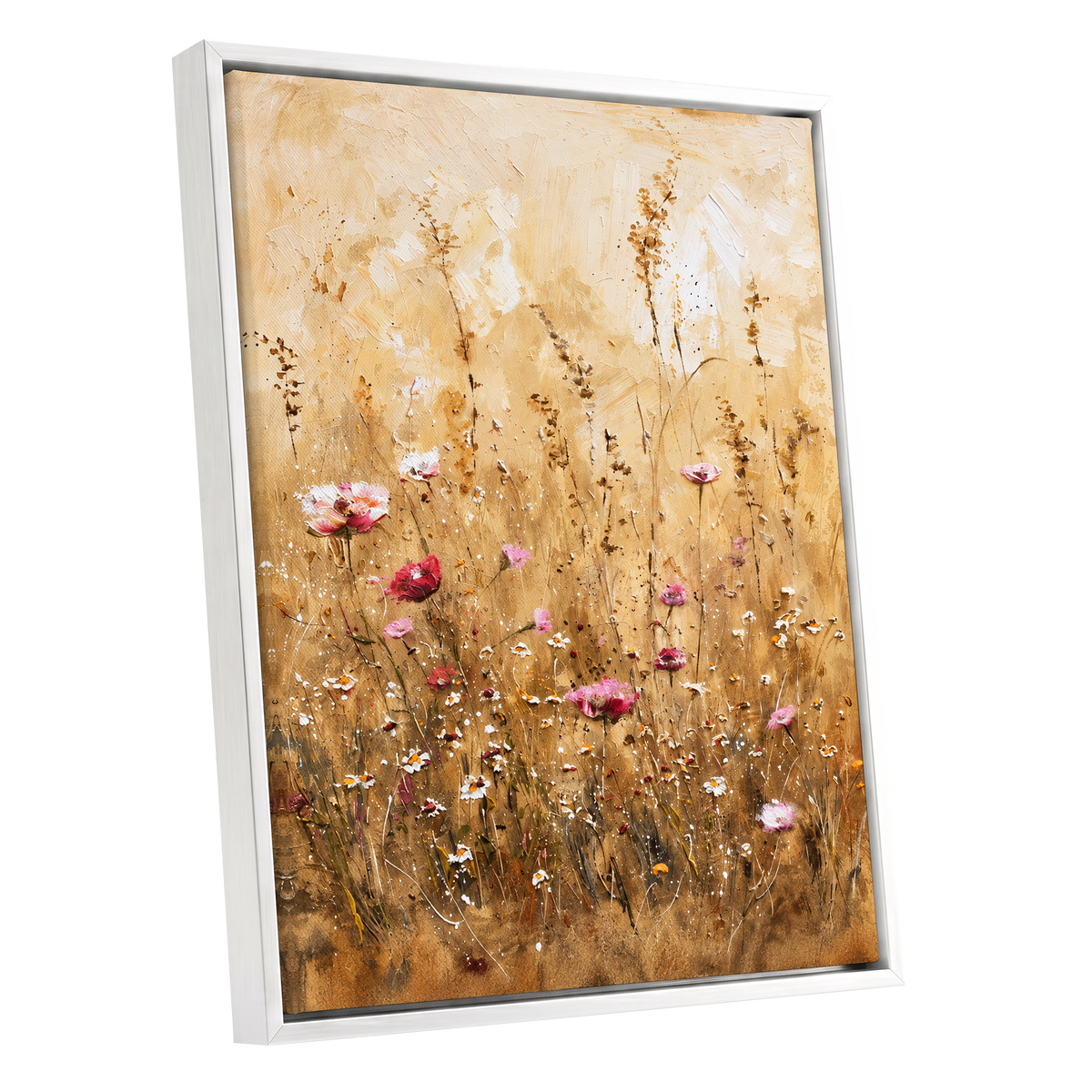 Wildflowers in Amber, beige, gold, brown floral wall art shown as a white framed canvas wall art