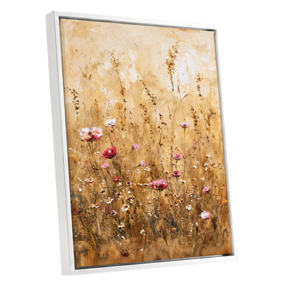 Wildflowers in Amber, beige, gold, brown floral wall art shown as a white framed canvas wall art