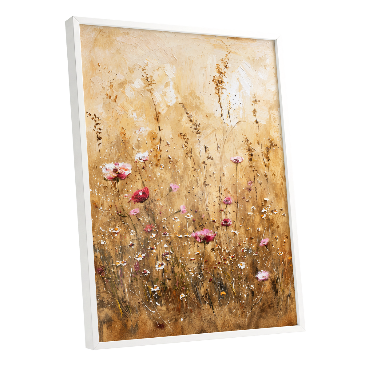 Wildflowers in Amber, beige, gold, brown floral wall art shown as a white framed poster wall art print