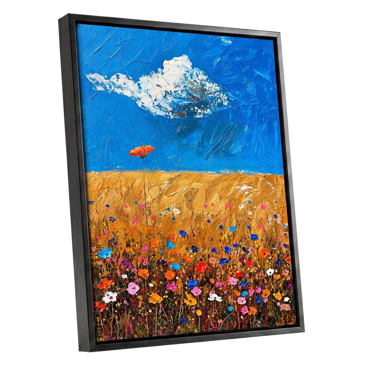 Wildflowers Under Azure, blue, gold, pink floral wall art shown as a black framed canvas wall art