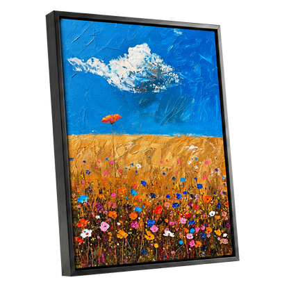 Wildflowers Under Azure, blue, gold, pink floral wall art shown as a black framed canvas wall art