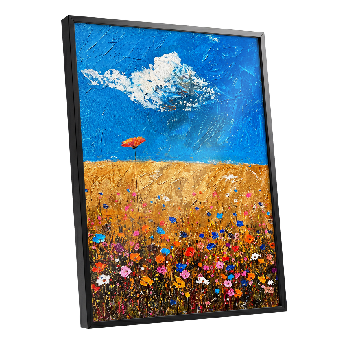 Wildflowers Under Azure, blue, gold, pink floral wall art shown as a black framed poster wall art print