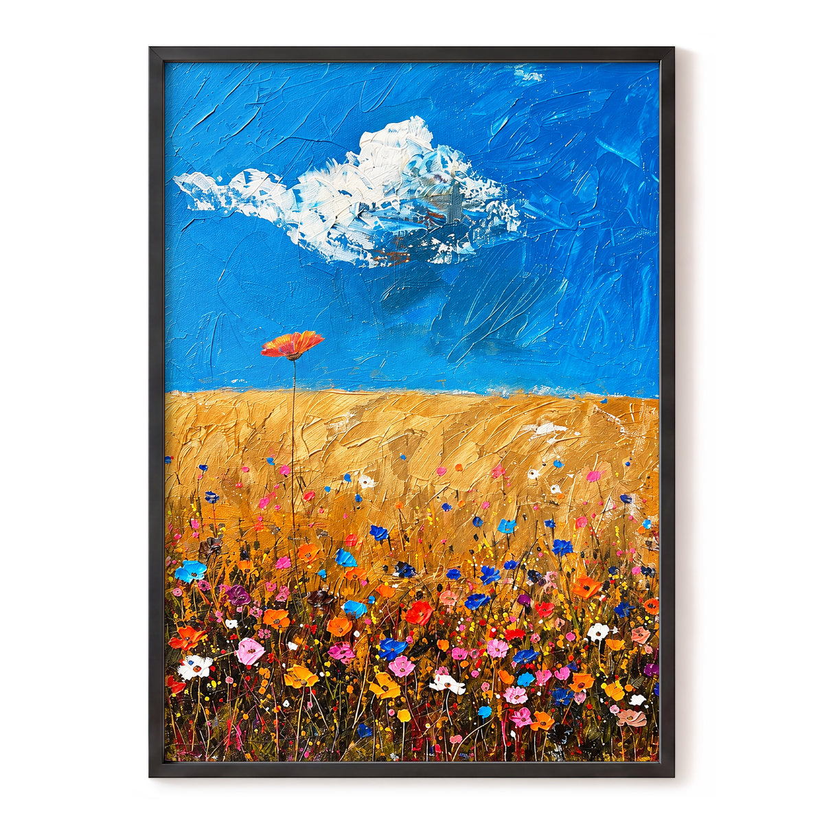 Wildflowers Under Azure, blue, gold, pink floral wall art, front artwork view