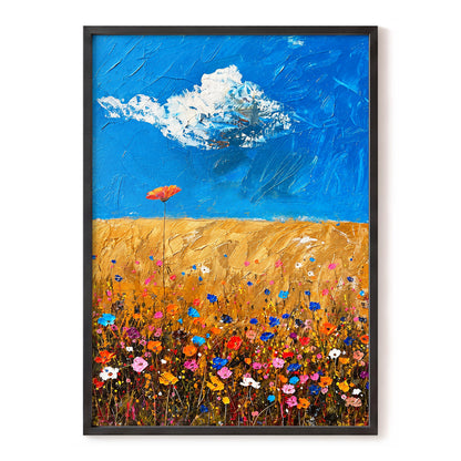 Wildflowers Under Azure, blue, gold, pink floral wall art, front artwork view