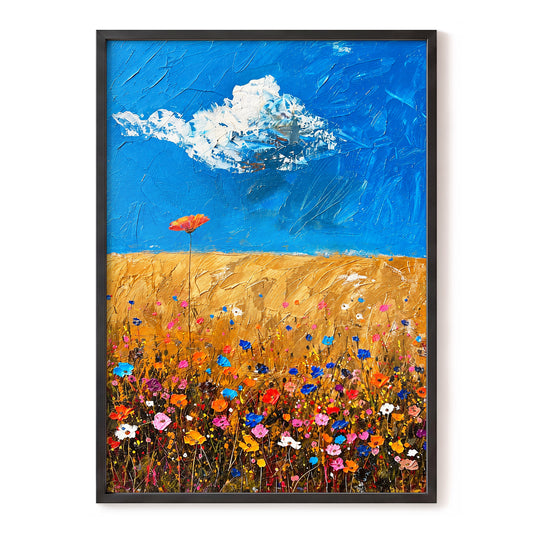 Wildflowers Under Azure, blue, gold, pink floral wall art, front artwork view