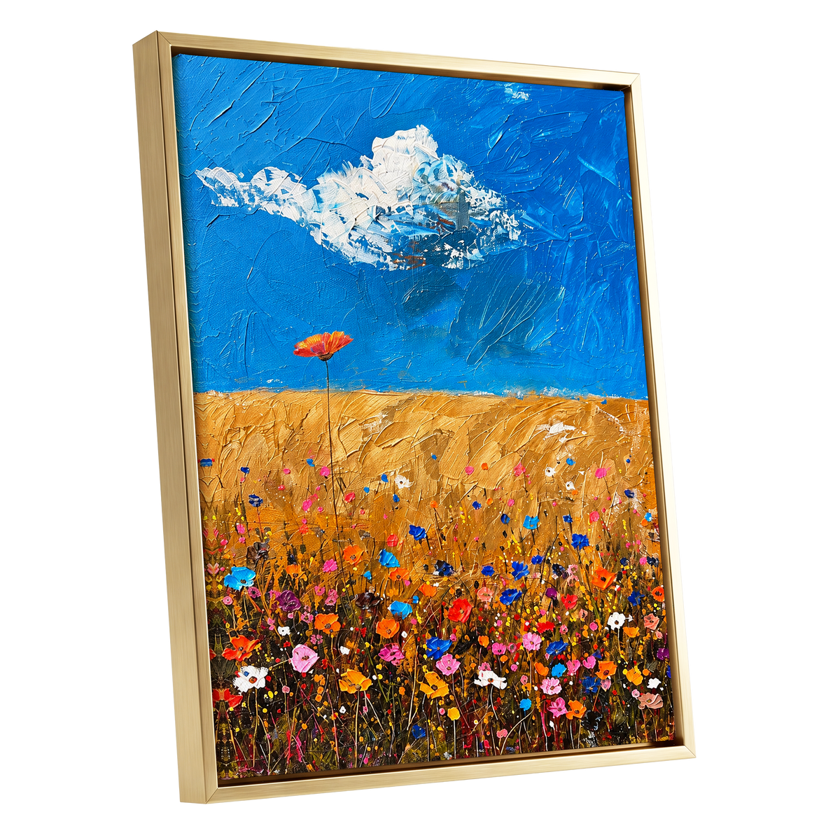 Wildflowers Under Azure, blue, gold, pink floral wall art shown as a gold framed canvas wall art