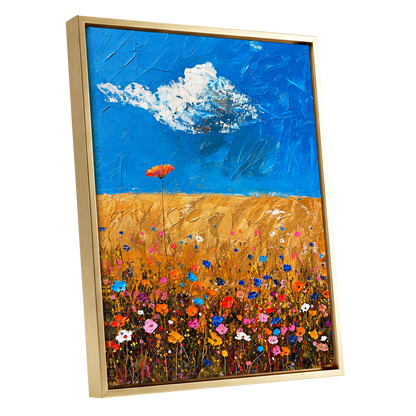 Wildflowers Under Azure, blue, gold, pink floral wall art shown as a gold framed canvas wall art