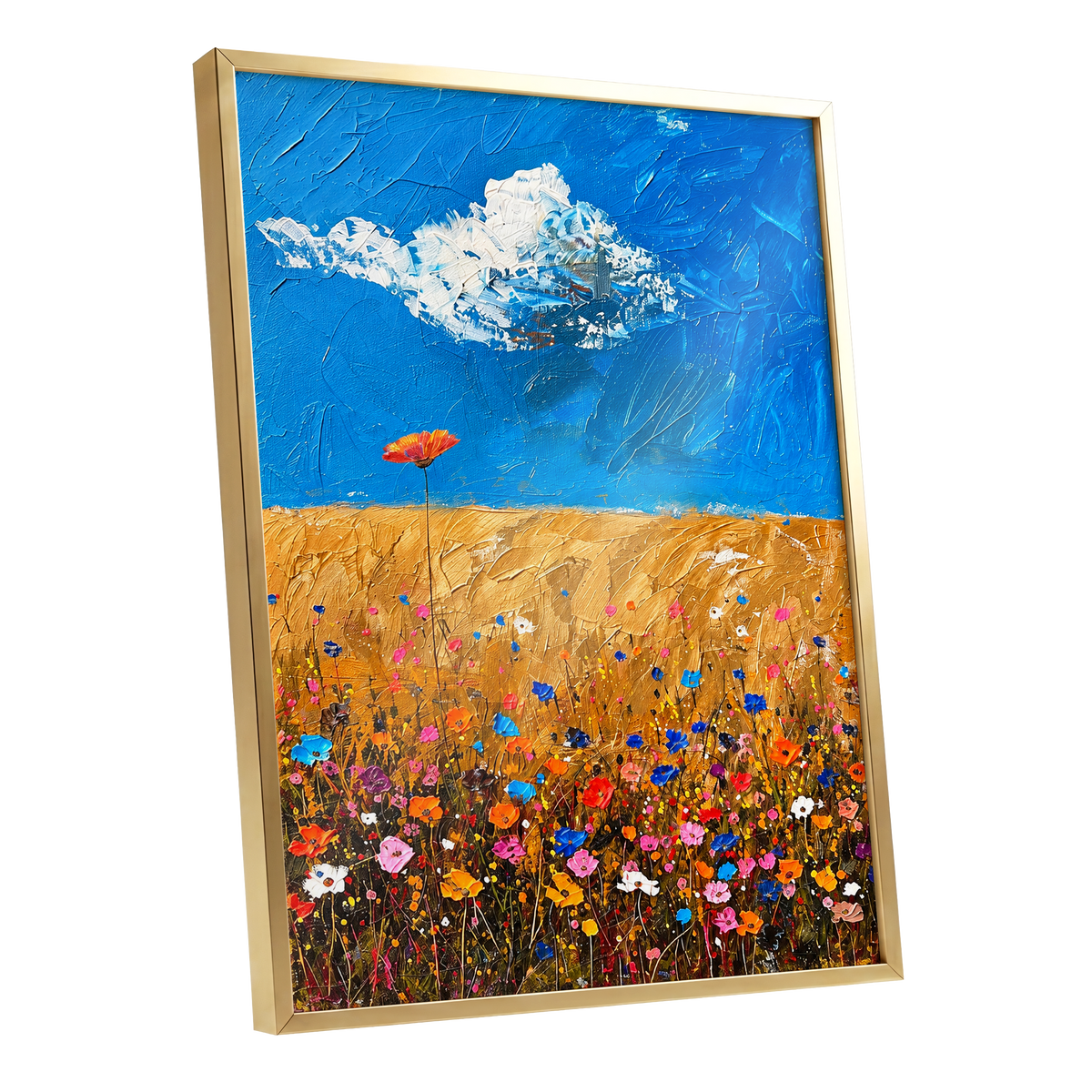Wildflowers Under Azure, blue, gold, pink floral wall art shown as a gold framed poster wall art print