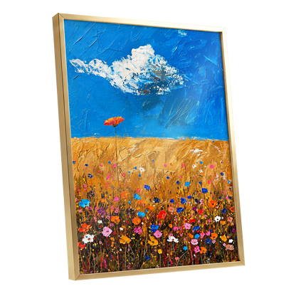 Wildflowers Under Azure, blue, gold, pink floral wall art shown as a gold framed poster wall art print