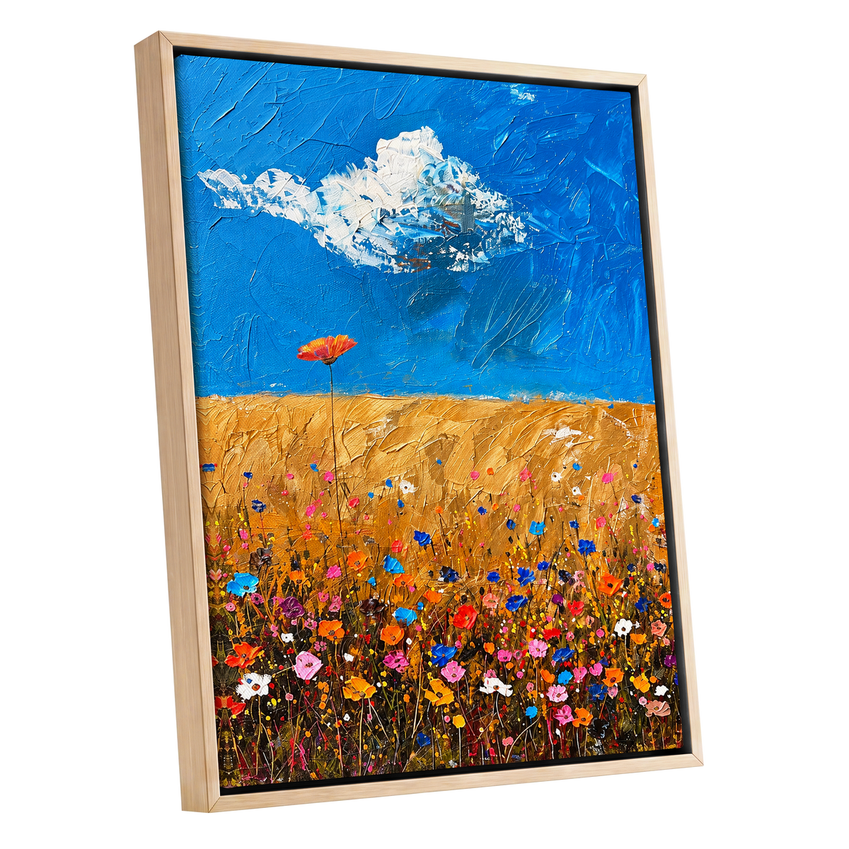 Wildflowers Under Azure, blue, gold, pink floral wall art shown as a oak framed canvas wall art